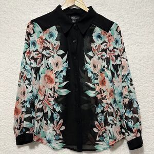 AGB PETITE Women's Multicolor Print Sheer Button Down Shirt Blouse Size PL